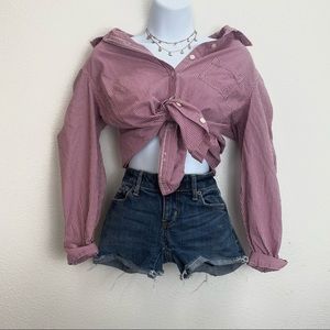 Gingham red white button up plaid shirt